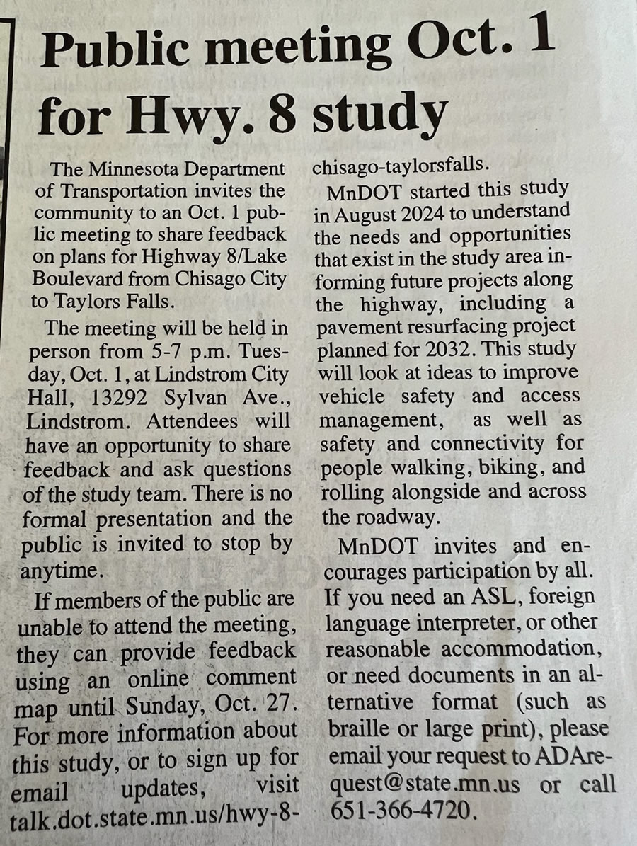 Oct. 1 Public Meeting for Hwy. 8 Study